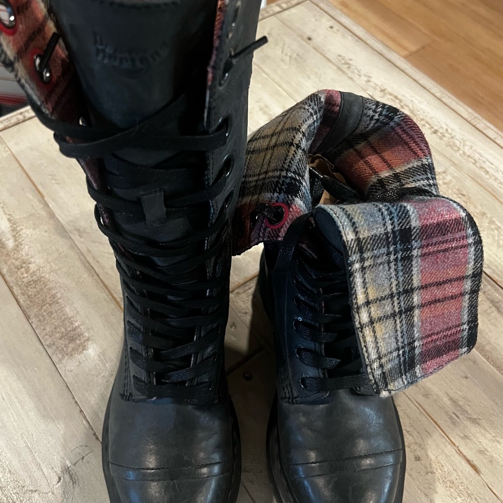 Dr. Martens Triumph Tall Lace Up Fold Over Boot Pink Plaid